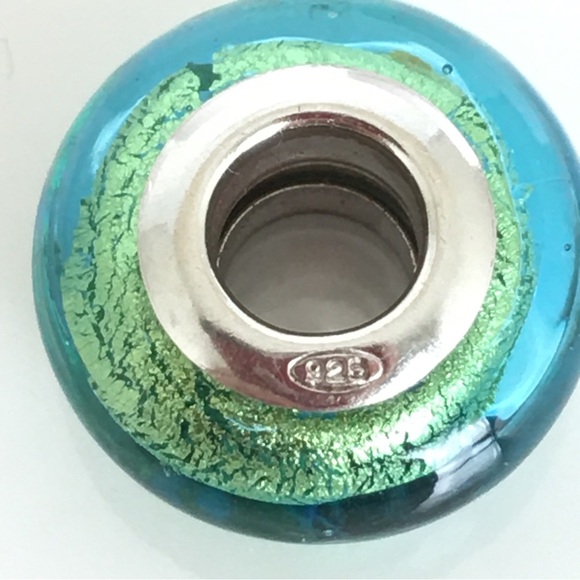 Sterling Silver .925 Collectible Murano Art Glass Bead Charm Teal Blue Green - Picture 6 of 8